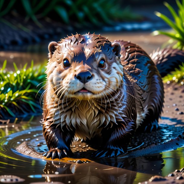 Photo of a threatening of a otter in the puddle