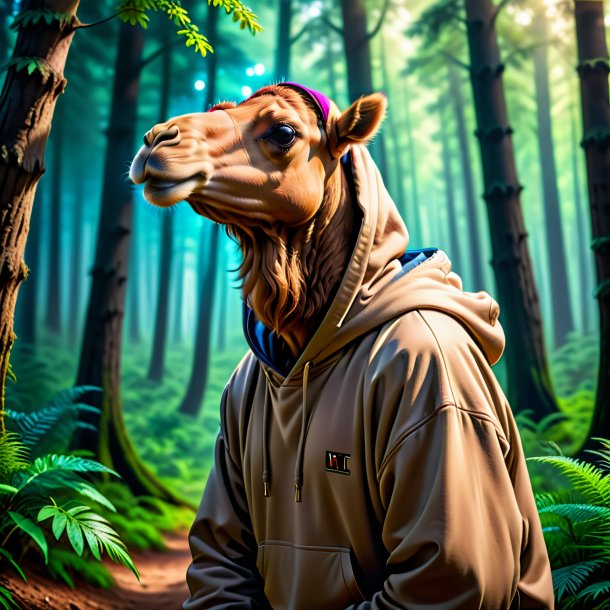 Photo of a camel in a hoodie in the forest