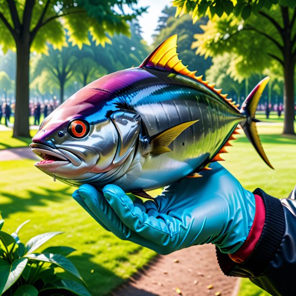 Photo of a tuna in a gloves in the park