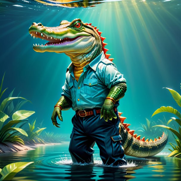 Illustration of a alligator in a trousers in the water