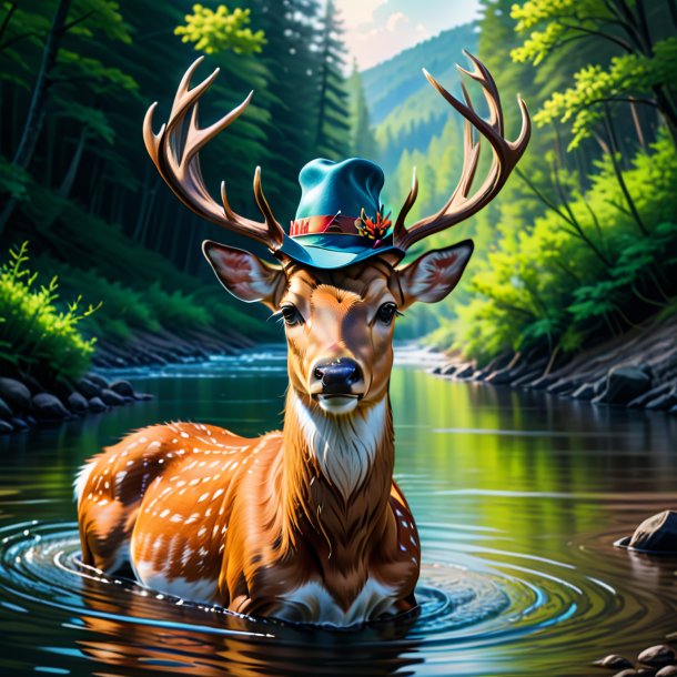 Dessin d'un cerf dans un chapeau dans la rivière