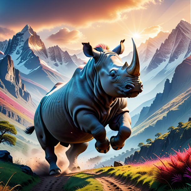 Photo of a jumping of a rhinoceros in the mountains