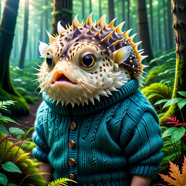 Image of a pufferfish in a sweater in the forest