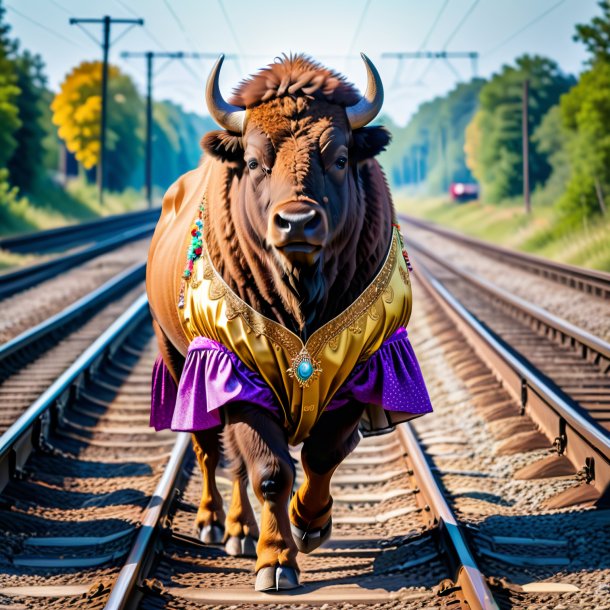 Pic d'un bison dans une robe sur les voies ferrées