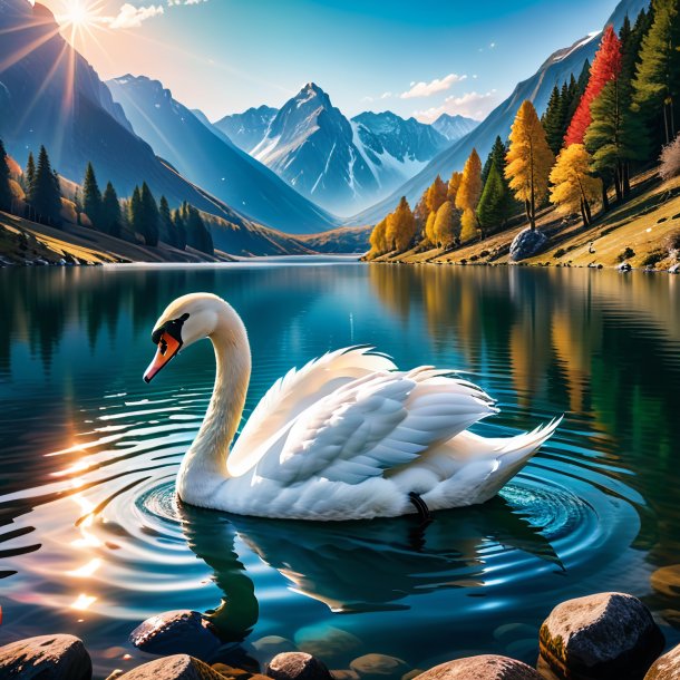 Picture of a swimming of a swan in the mountains