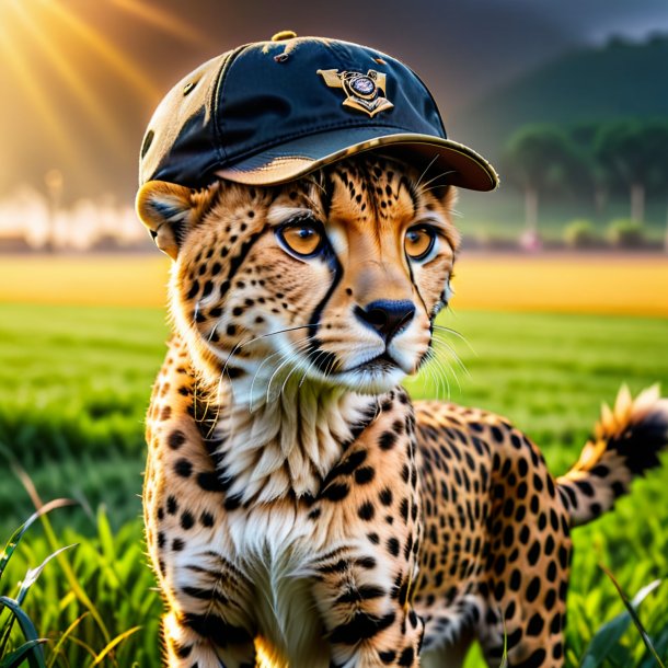 Image of a cheetah in a cap on the field