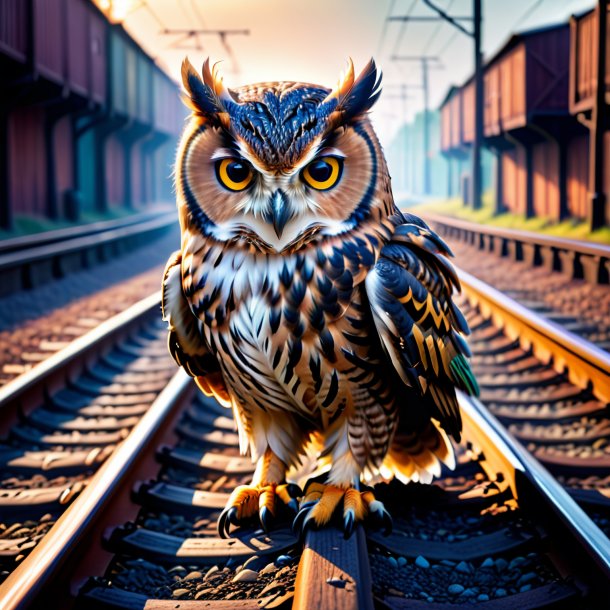 Foto de un búho en guantes en las vías del tren