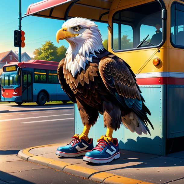 Ilustración de un águila en un zapato en la parada de autobús