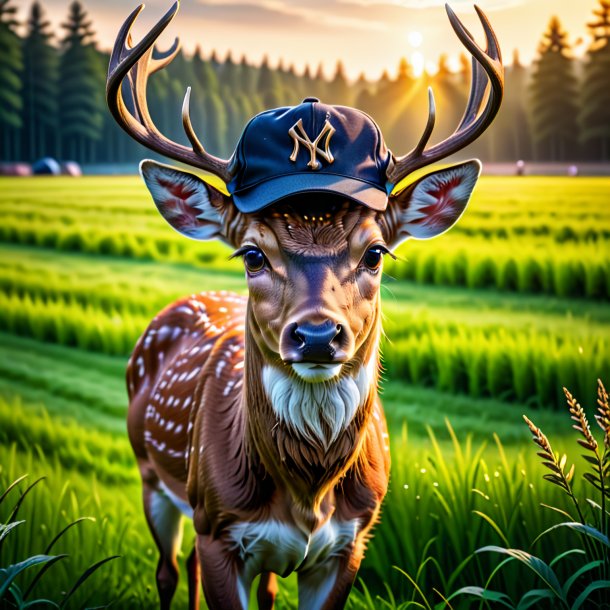 Image of a deer in a cap on the field