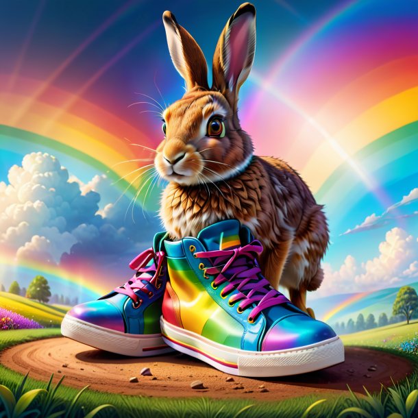 Illustration of a hare in a shoes on the rainbow