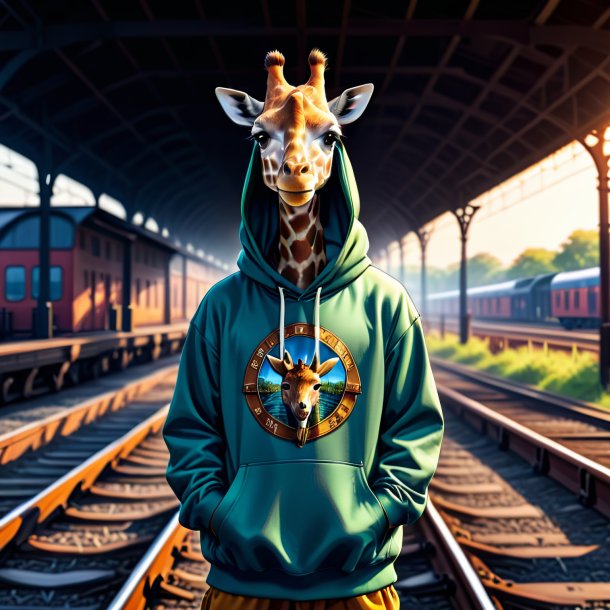 Drawing of a giraffe in a hoodie on the railway tracks