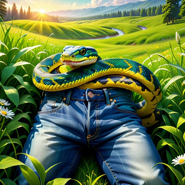 Illustration of a snake in a jeans in the meadow