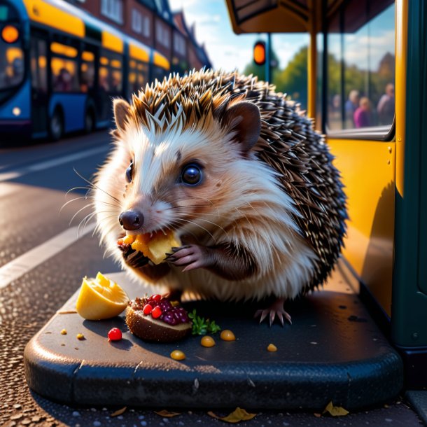 Imagem de um comer de um ouriço no ponto de ônibus