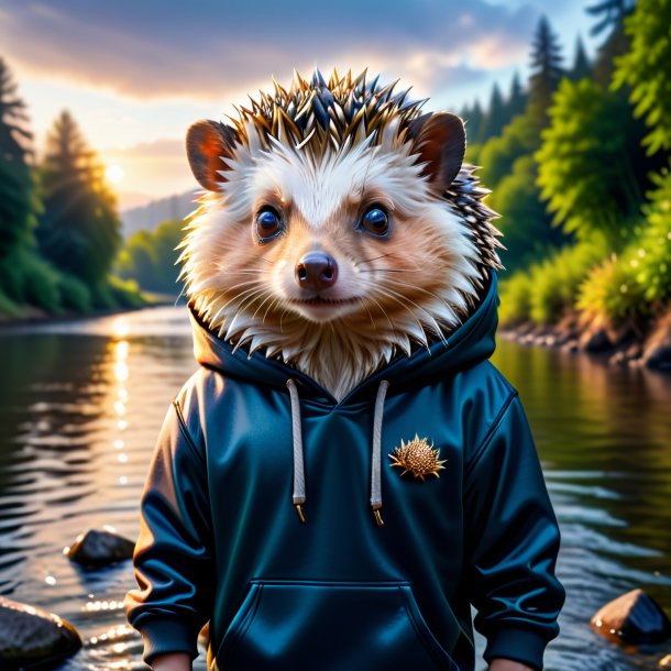 Picture of a hedgehog in a hoodie in the river