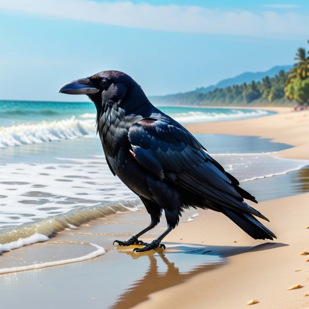 Imagen de una natación de un cuervo en la playa