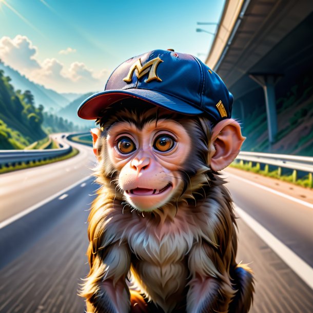 Picture of a monkey in a cap on the highway