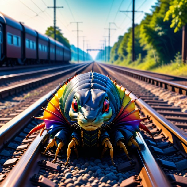 Picture of a centipede in a jacket on the railway tracks