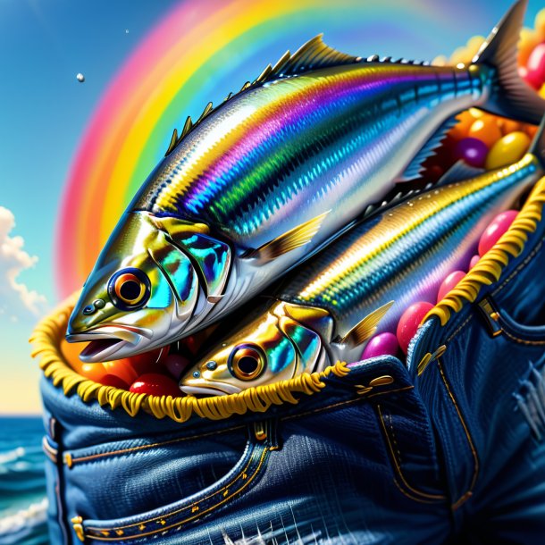 Illustration of a sardines in a jeans on the rainbow