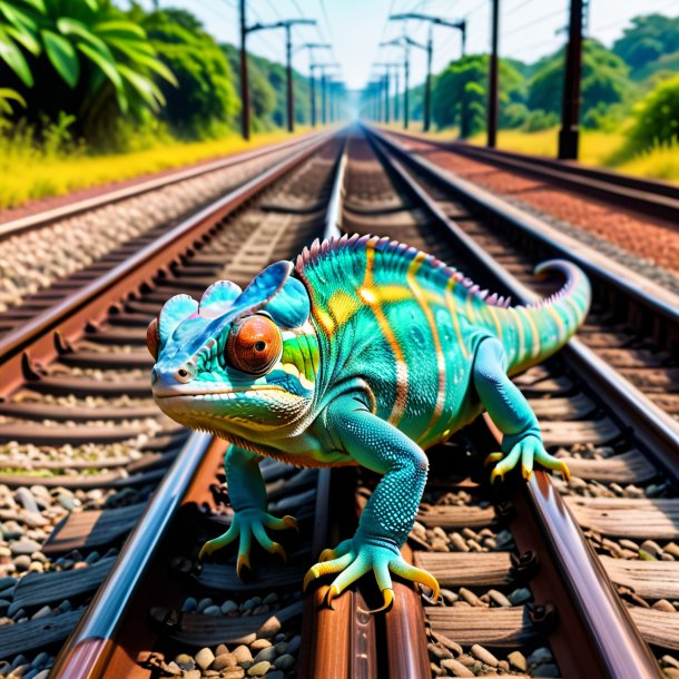 Imagen de una natación de un camaleón en las vías del ferrocarril