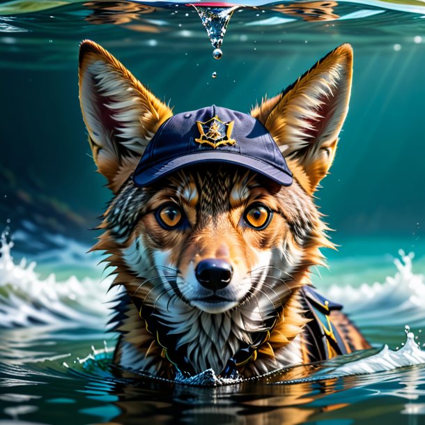 Image of a jackal in a cap in the water