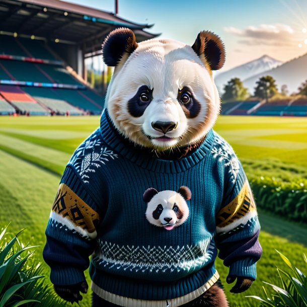 Photo d'un panda géant dans un pull sur le terrain