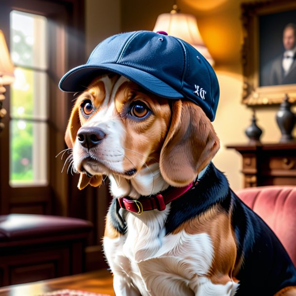 Pic of a beagle in a cap in the house