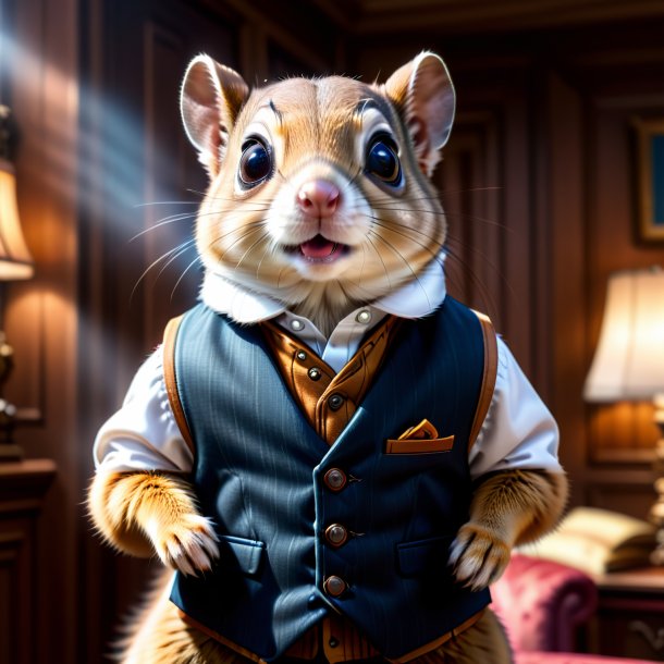 Image of a flying squirrel in a vest in the house