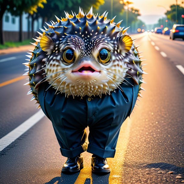 Pic of a pufferfish in a trousers on the road