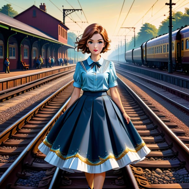 Illustration of a haddock in a skirt on the railway tracks