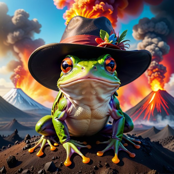 Picture of a frog in a hat in the volcano