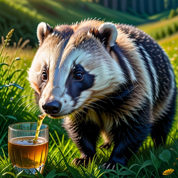 Image of a drinking of a badger in the meadow