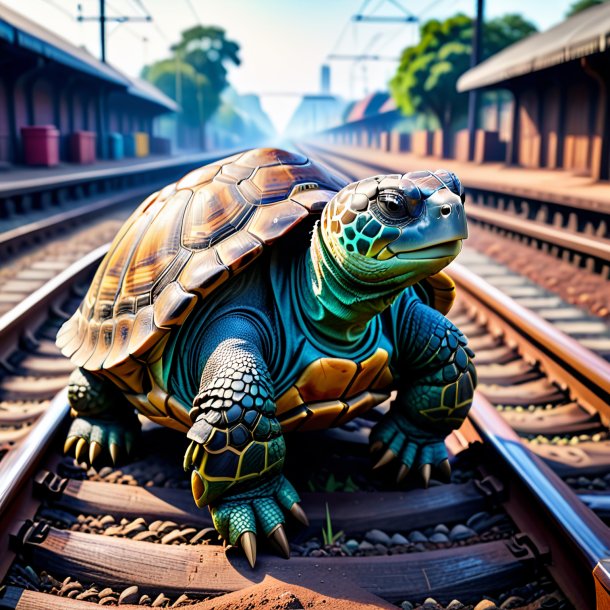 Imagen de la tortuga en los guantes sobre las vías del ferrocarril