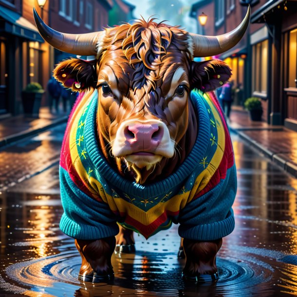 Image of a bull in a sweater in the puddle