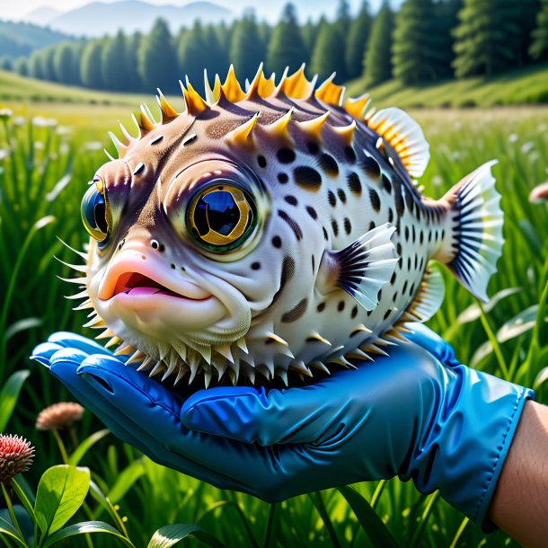 Image of a pufferfish in a gloves in the meadow