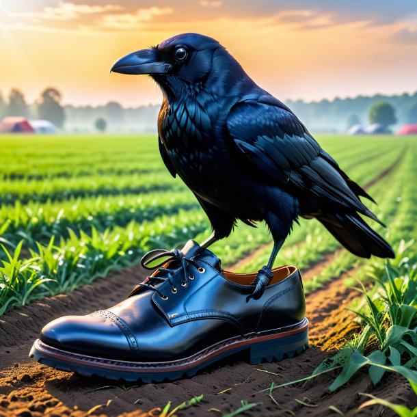 Photo of a crow in a shoes on the field