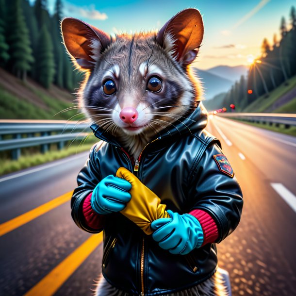 Image of a possum in a gloves on the highway