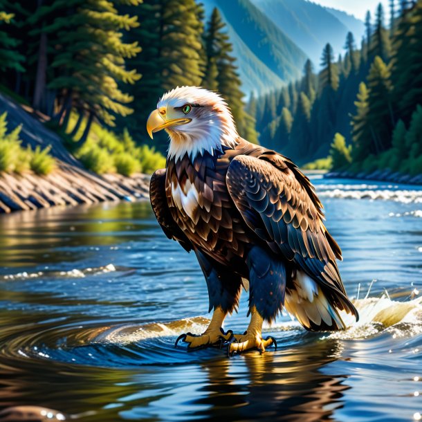 Foto de un águila en un vaquero en el río