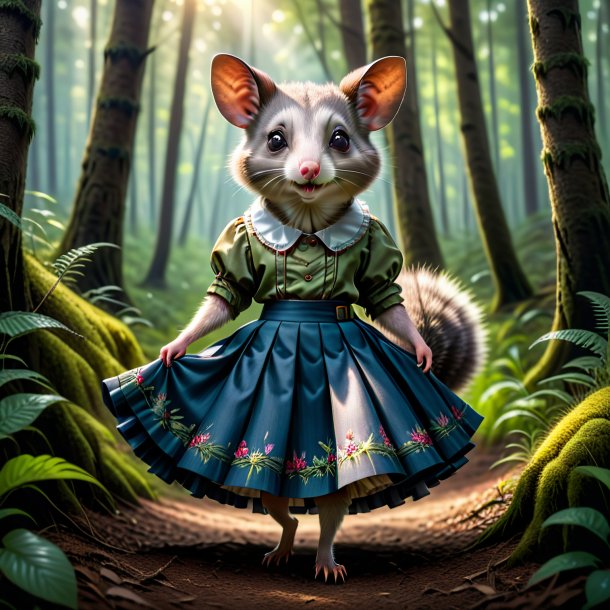 Photo of a possum in a skirt in the forest