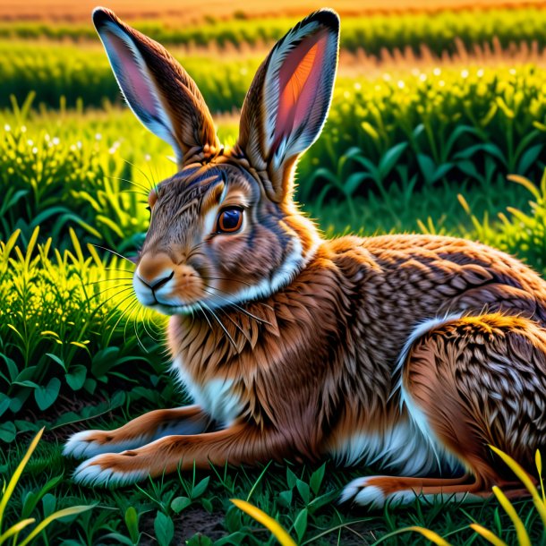 Photo of a sleeping of a hare on the field