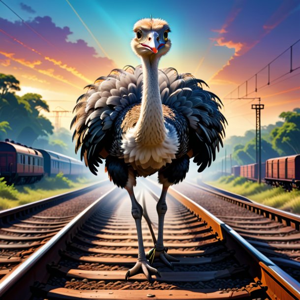 Illustration of a ostrich in a belt on the railway tracks