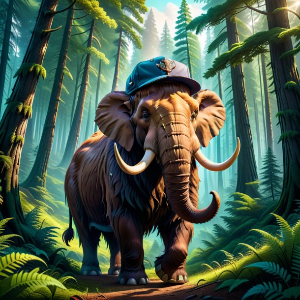 Illustration of a mammoth in a cap in the forest