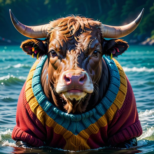 Imagen de un toro en un suéter en el agua