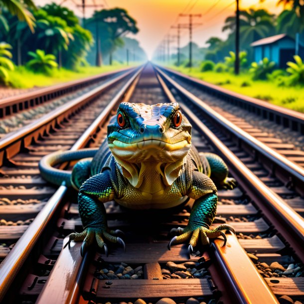 Image d'une attente d'un lézard moniteur sur les voies ferrées