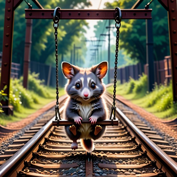 Foto de un balanceo en un columpio de una zarigüeya en las vías del ferrocarril