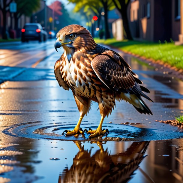 Picture of a hawk in a belt in the puddle