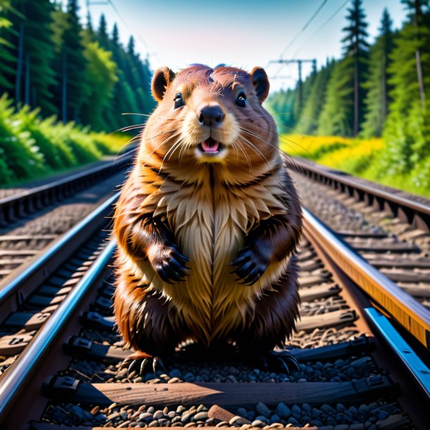 Image of a beaver in a belt on the railway tracks