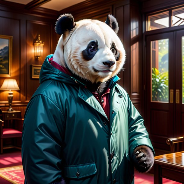 Drawing of a giant panda in a coat in the house