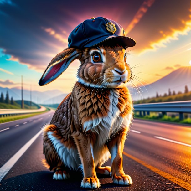 Picture of a hare in a cap on the highway