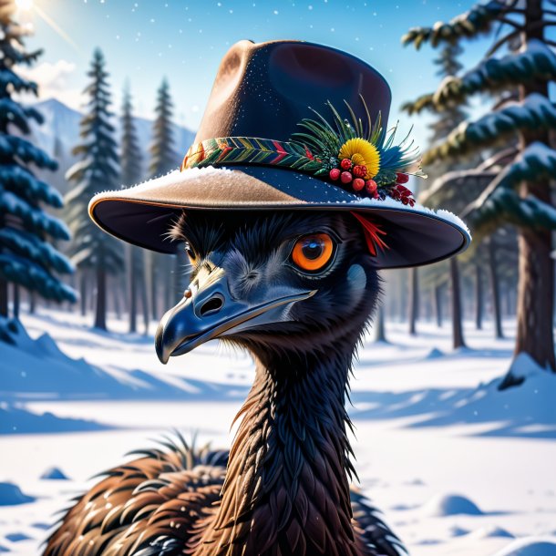 Illustration of a emu in a hat in the snow