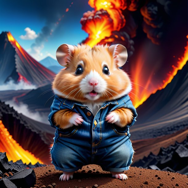 Picture of a hamster in a jeans in the volcano